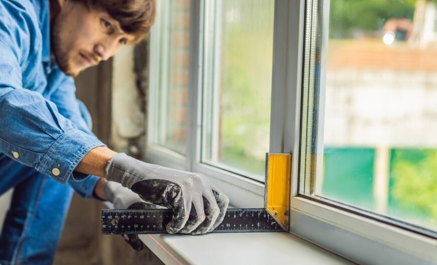 Man in a blue shirt does window installation.